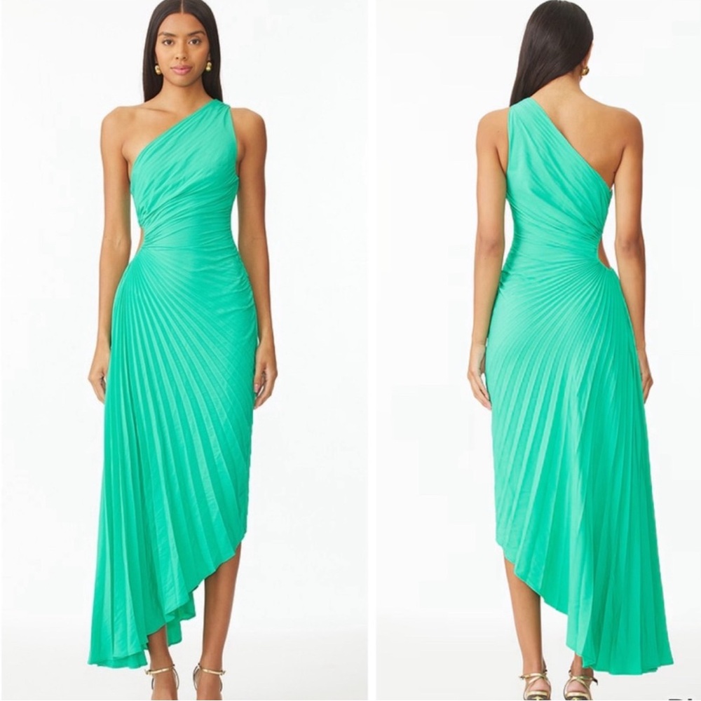 ALC Green one-shoulder Defina Pleated Cocktail Gown